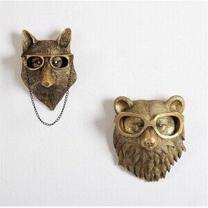 Animal Heads Wall Decor,‎ Gold Vintage Decor Sculpture Resin Bear & Fox Head